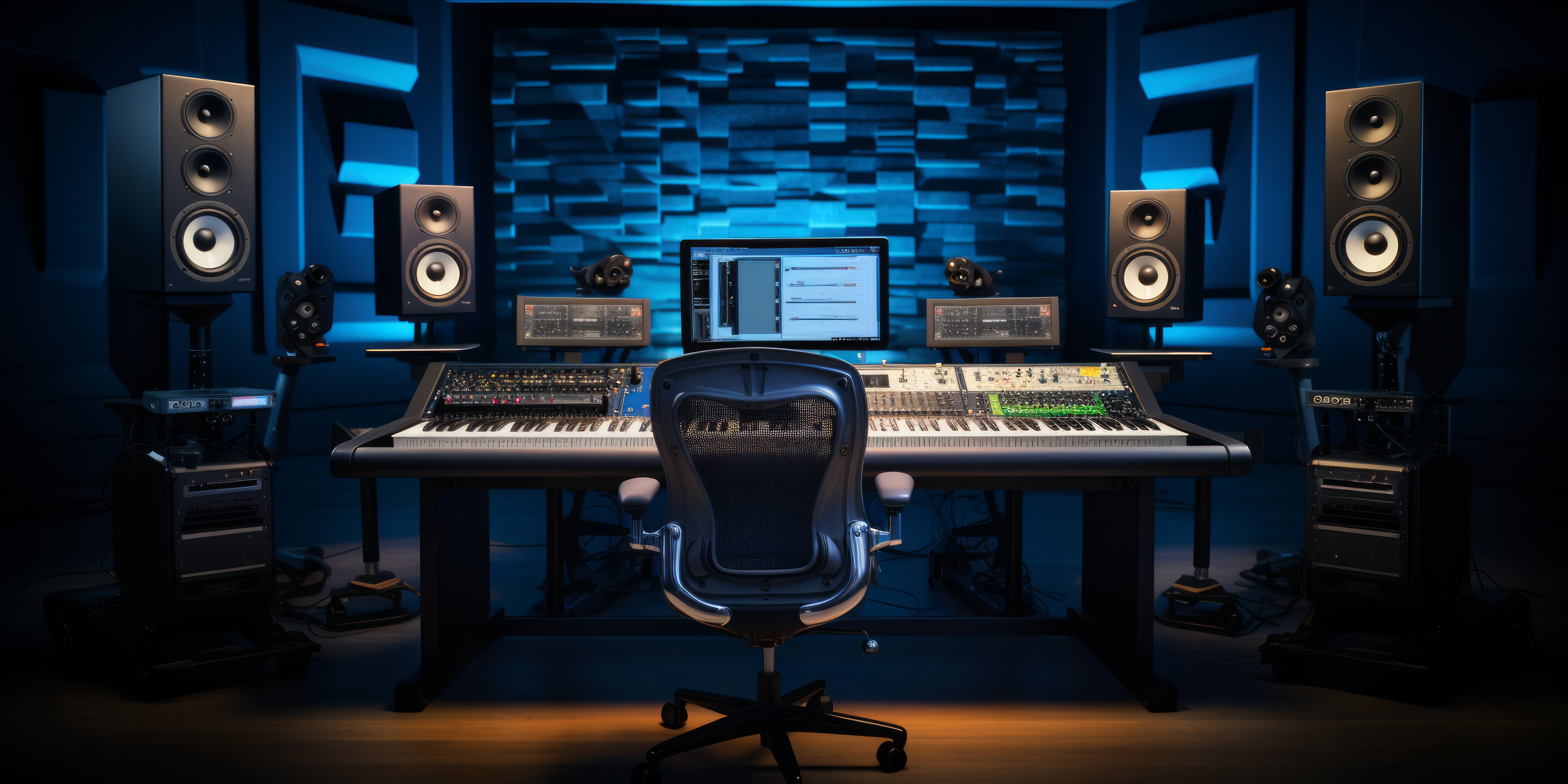 Our studio control room with mixing console and monitors